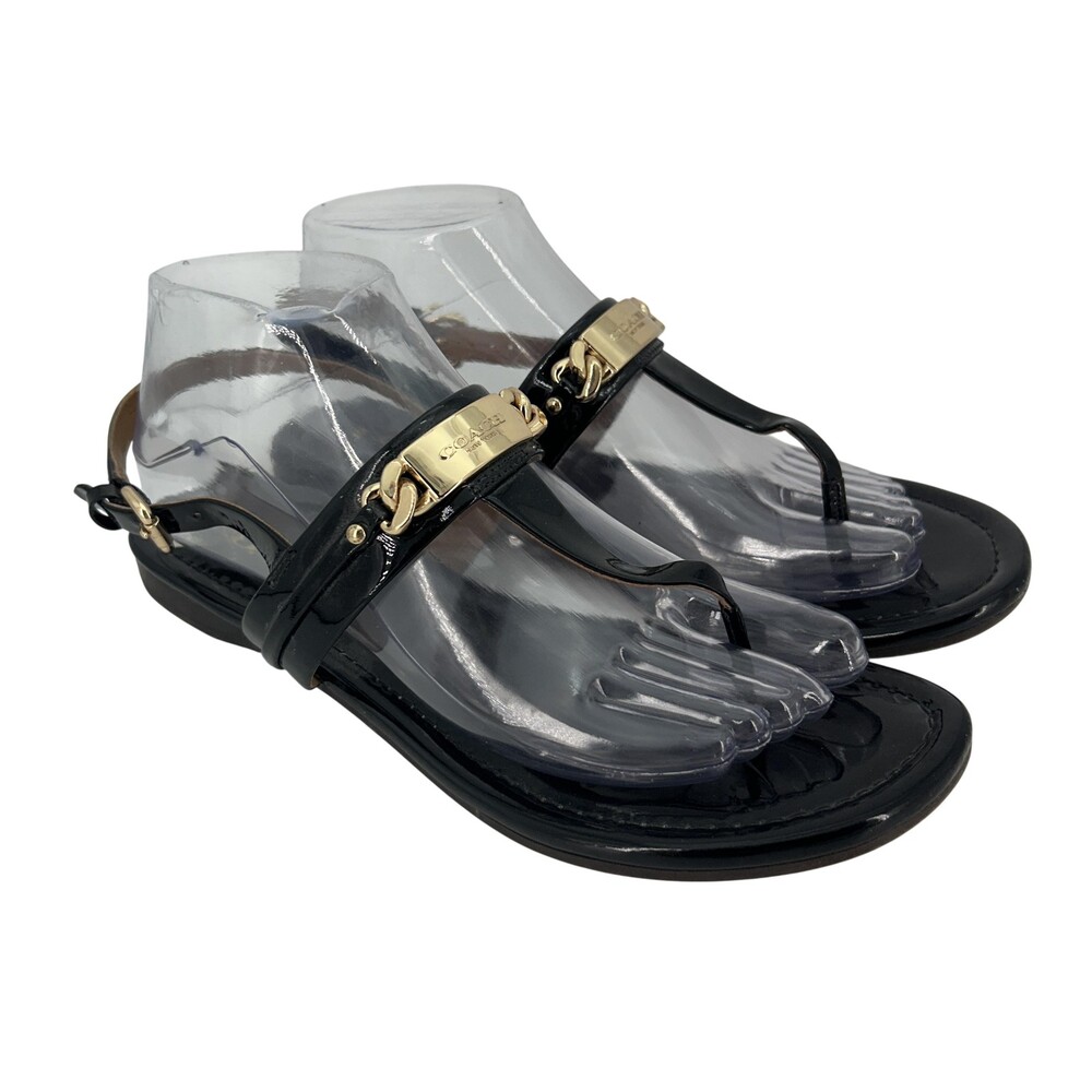 Coach Sandals Shoes Womens Size 7.5 Black Caterine Thong Patent Logo Ankle Strap